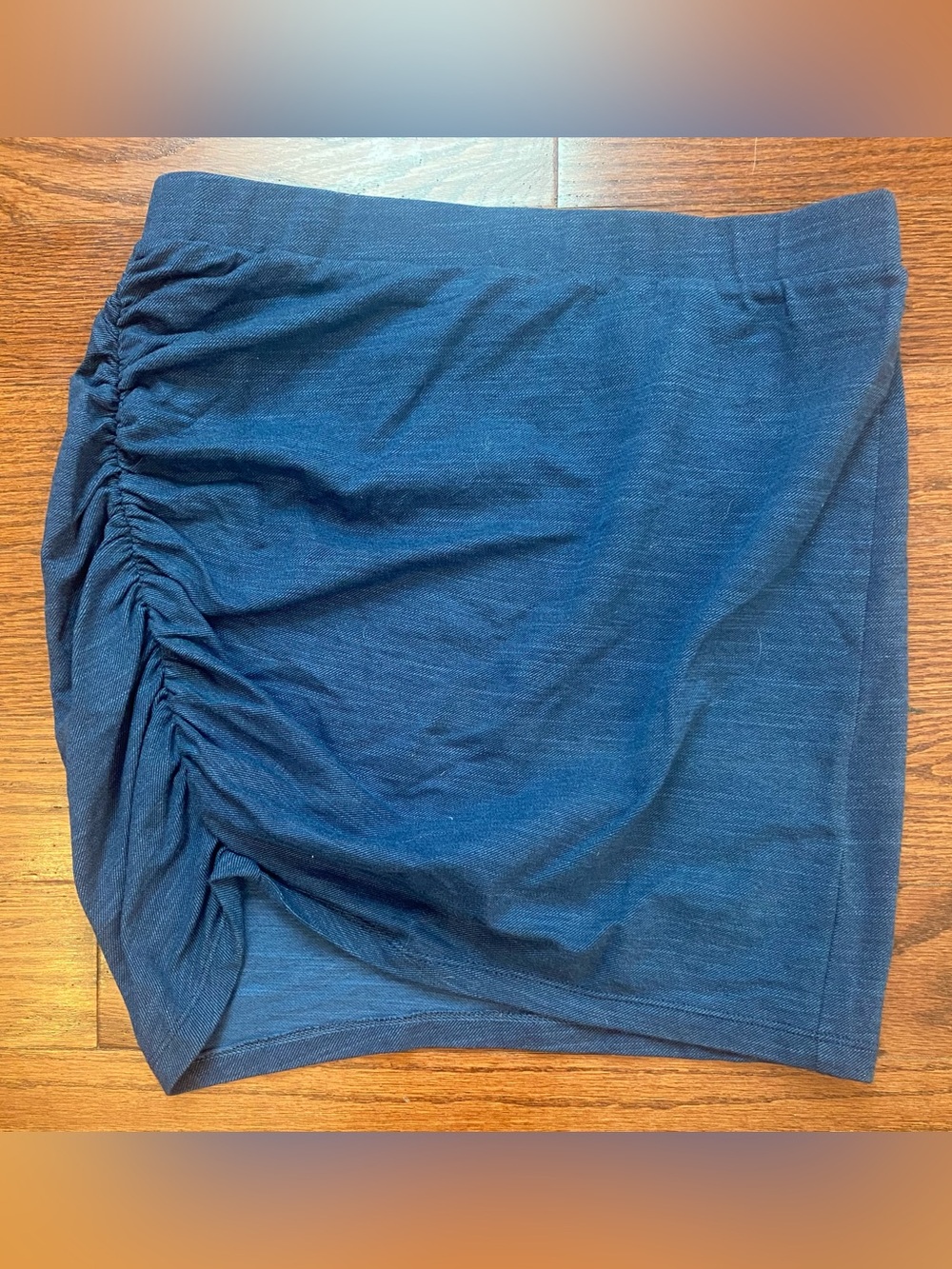 Splendid Ruched Mini Skirt Sz M Blue Faux Denim Asymmetric Side USA Elastic